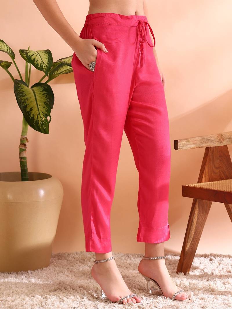 women pink organza ethnic motifs woven design straight kurta trousers with dupatta