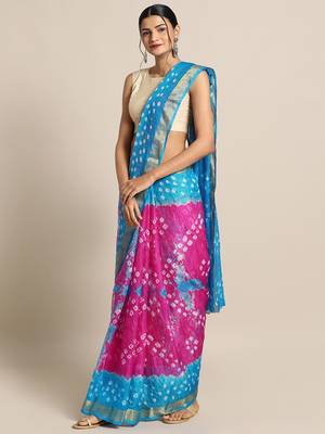 Hand Dyed Pink & Blue Bandhani Kota Silk Sustainable Saree 1