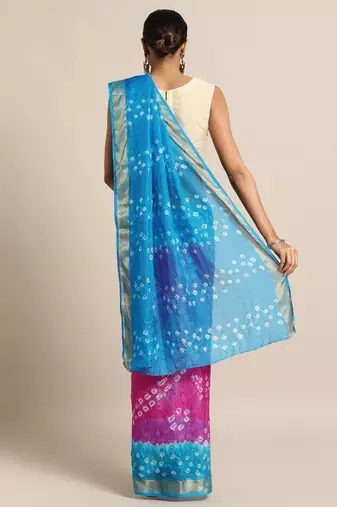 Hand Dyed Pink & Blue Bandhani Kota Silk Sustainable Saree