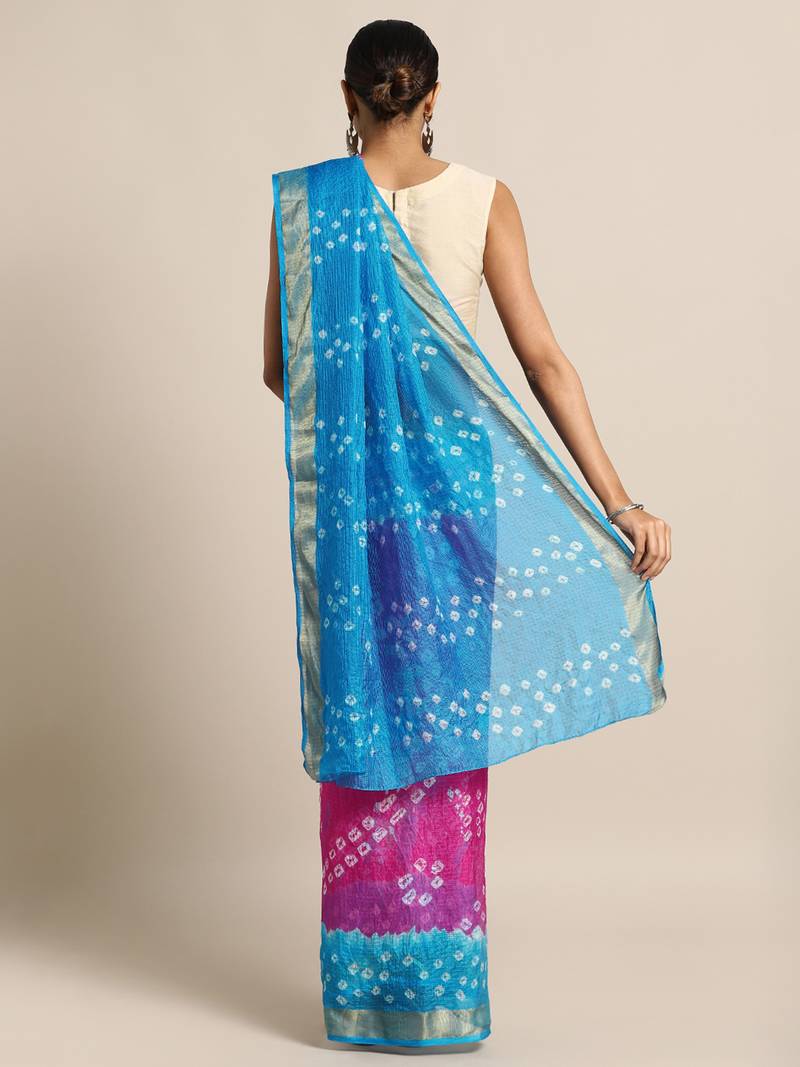 Hand Dyed Pink & Blue Bandhani Kota Silk Sustainable Saree