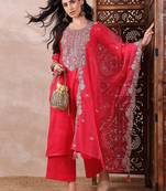 women pink silk blend solid embroidered straight kurta palazzo with dupatta