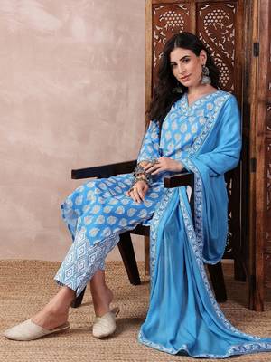 women blue rayon blend floral printed straight kurta trouser with dupatta 2