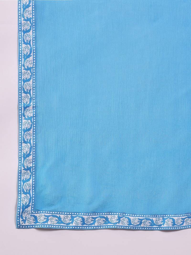 women blue rayon blend floral printed straight kurta trouser with dupatta