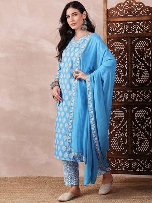 women blue rayon blend floral printed straight kurta trouser with dupatta 1