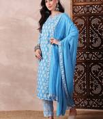 women blue rayon blend floral printed straight kurta trouser with dupatta