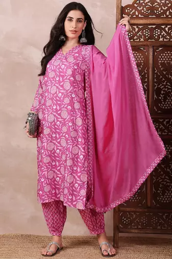 women pink rayon blend floral printed straight kurta salwar with dupatta