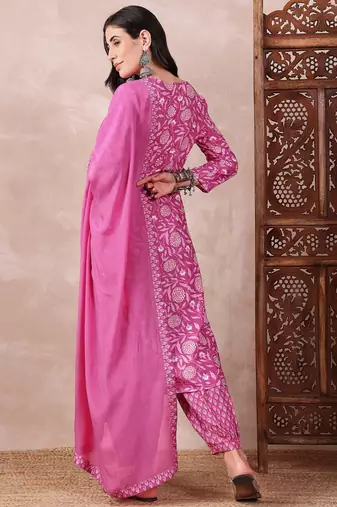 women pink rayon blend floral printed straight kurta salwar with dupatta