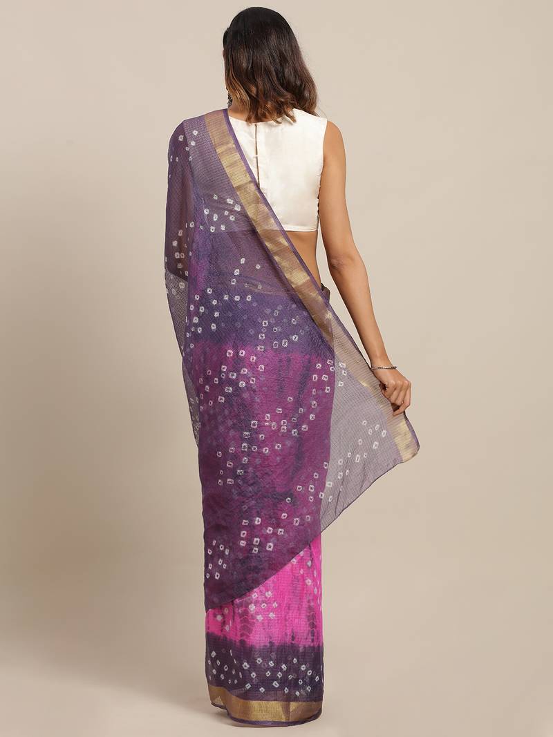Hand Dyed Pink & Grey Bandhani Kota Silk Sustainable Saree