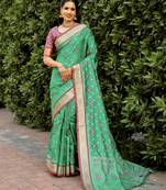 Women Green Ikkat Patola Silk Woven Zari Border Rich Pallu Saree With Blouse For Women