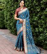 Women Teal Ikkat Patola Silk Woven Zari Border Rich Pallu Saree With Blouse For Women
