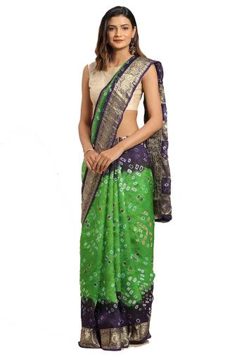 Hand Dyed Green & Blue Bandhani Silk Sustainable Saree