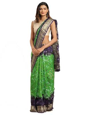 Hand Dyed Green & Blue Bandhani Silk Sustainable Saree 1