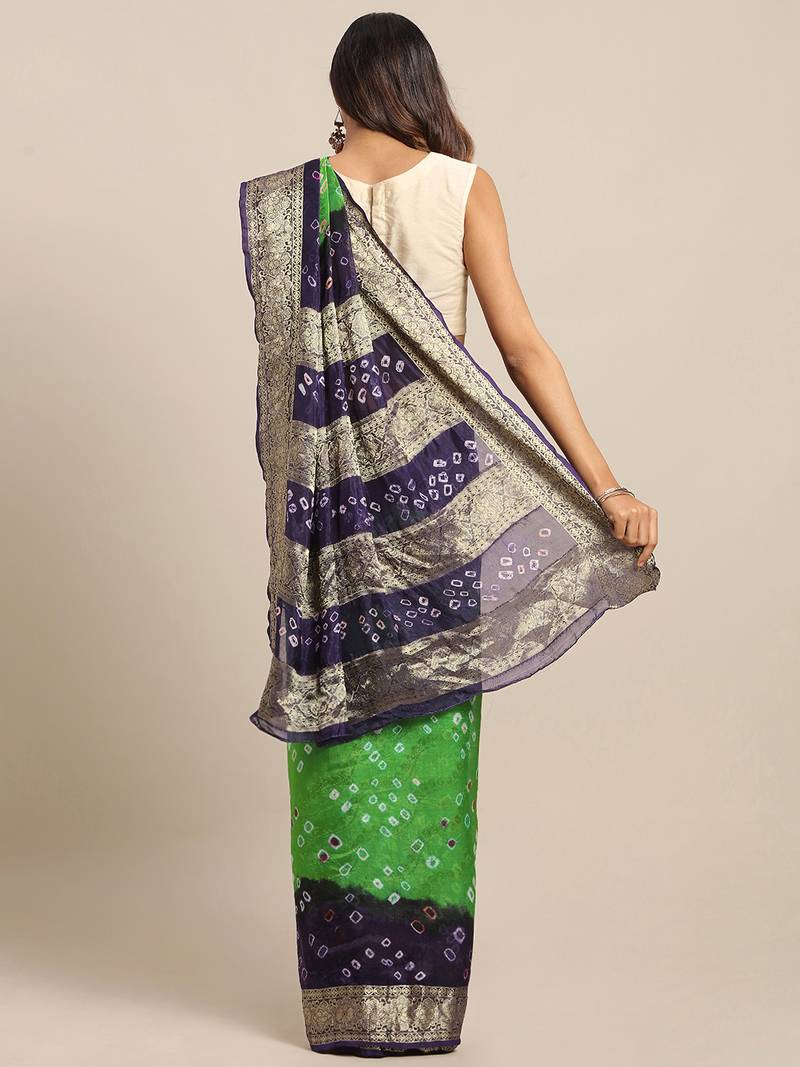 Hand Dyed Green & Blue Bandhani Silk Sustainable Saree