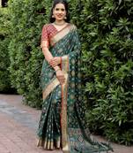 Women Dark Green Ikkat Patola Silk Woven Zari Border Rich Pallu Saree With Blouse For Women