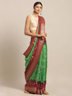 Hand Dyed Maroon & Orange Bandhani Silk Sustainable Saree 1