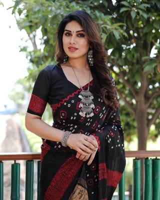 Women Black Bandhej Zari Weaving And Designer Rich Pallu Saree With Blouse For Women 4
