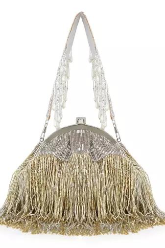 hue gold & silver embellished faux silk purse clutch