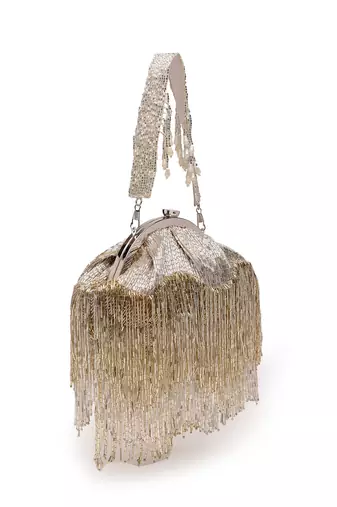 hue gold & silver embellished faux silk purse clutch