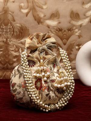 lotus beige & multi floral embellished faux silk potli 1