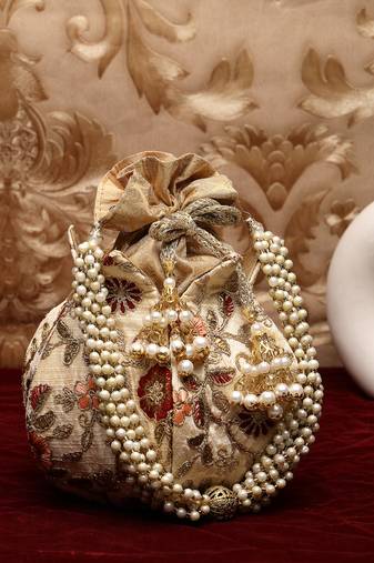 lotus beige & multi floral embellished faux silk potli