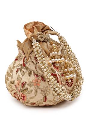 lotus beige & multi floral embellished faux silk potli 2