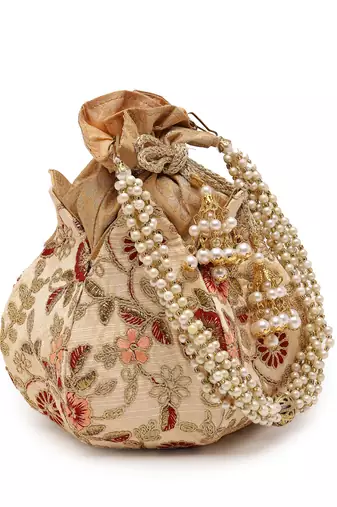 lotus beige & multi floral embellished faux silk potli