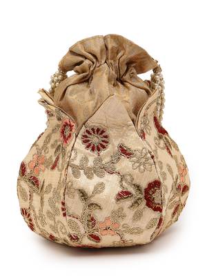 lotus beige & multi floral embellished faux silk potli 3