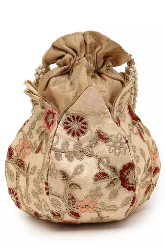 lotus beige & multi floral embellished faux silk potli
