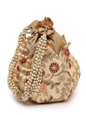 lotus beige & multi floral embellished faux silk potli 4