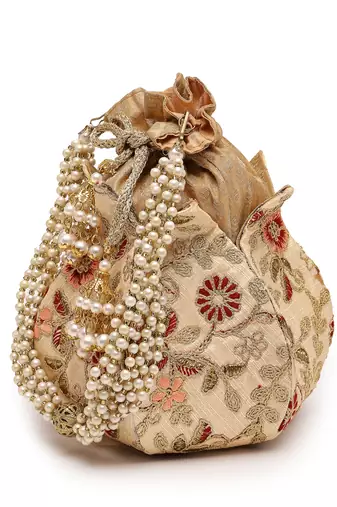 lotus beige & multi floral embellished faux silk potli