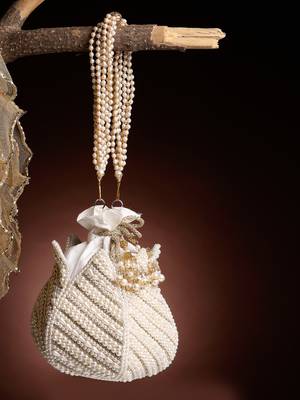 lotus white & gold pearl embellished faux silk potli 1