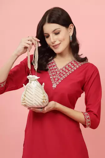 lotus white & gold pearl embellished faux silk potli