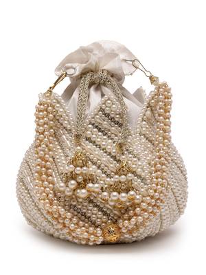 lotus white & gold pearl embellished faux silk potli 3