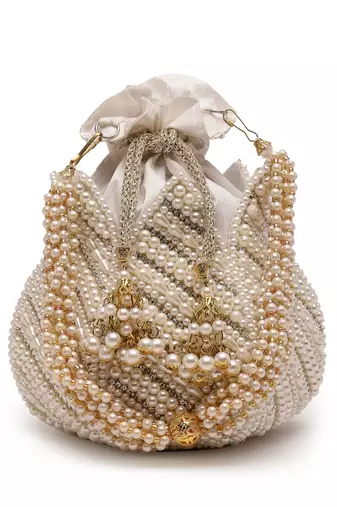lotus white & gold pearl embellished faux silk potli