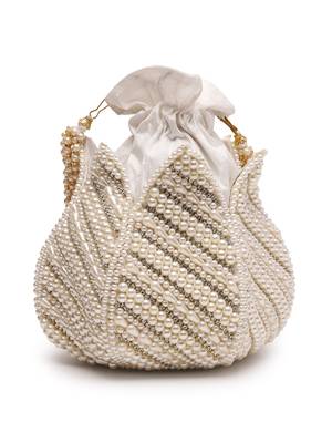 lotus white & gold pearl embellished faux silk potli 4