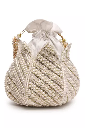 lotus white & gold pearl embellished faux silk potli
