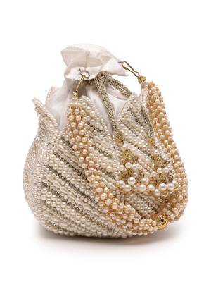 lotus white & gold pearl embellished faux silk potli 5