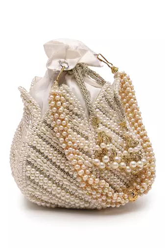 lotus white & gold pearl embellished faux silk potli