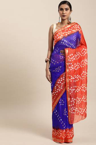 Hand Dyed Blue & Orange Bandhani Silk Sustainable Saree