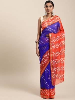 Hand Dyed Blue & Orange Bandhani Silk Sustainable Saree 1