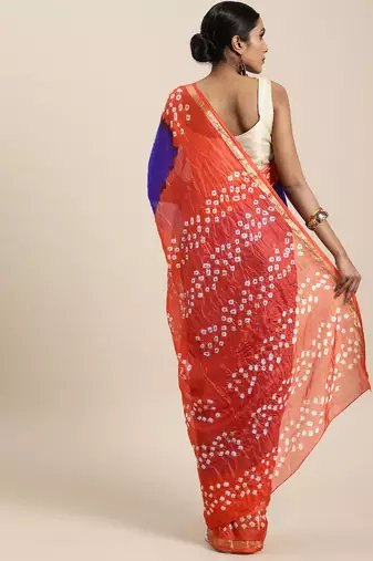 Hand Dyed Blue & Orange Bandhani Silk Sustainable Saree