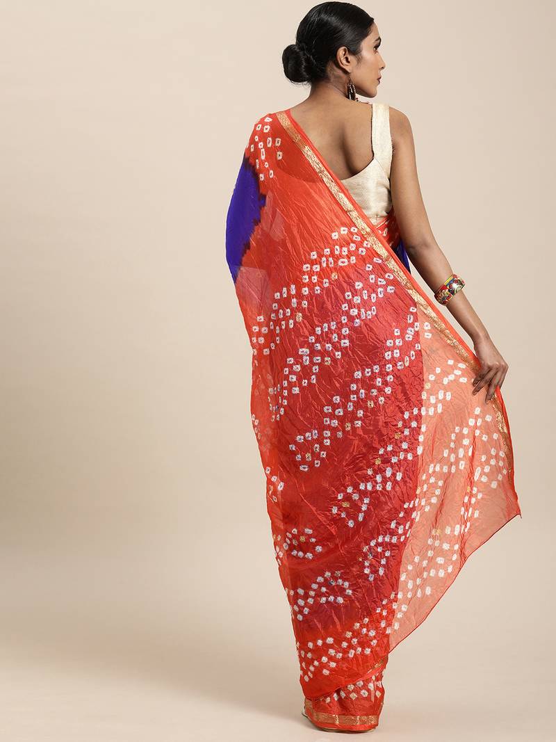 Hand Dyed Blue & Orange Bandhani Silk Sustainable Saree
