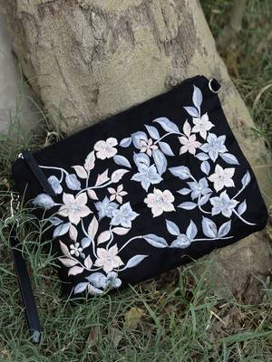 lush black & grey floral embroidered polysuede sling bag 1