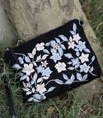 lush black & grey floral embroidered polysuede sling bag