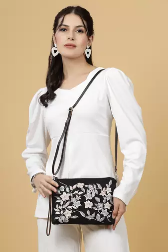 lush black & grey floral embroidered polysuede sling bag