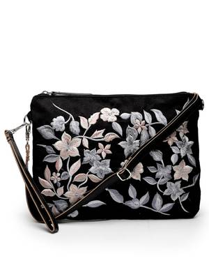 lush black & grey floral embroidered polysuede sling bag 3