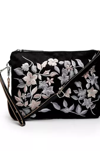 lush black & grey floral embroidered polysuede sling bag