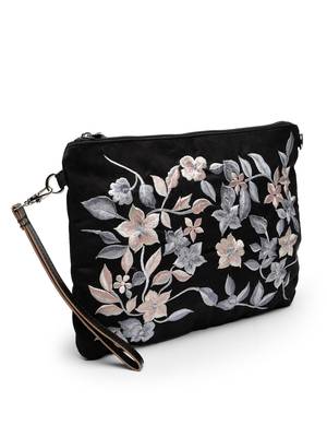 lush black & grey floral embroidered polysuede sling bag 5