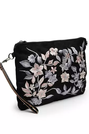 lush black & grey floral embroidered polysuede sling bag