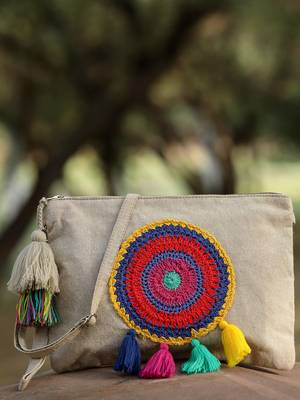 Anekaant boho natural & multi crochet embellished cotton canvas sling bag 1